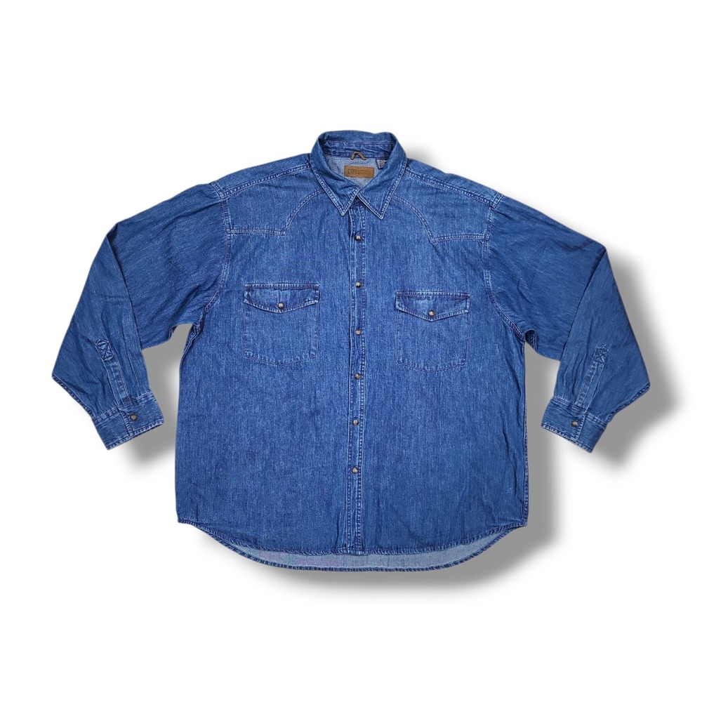 Vintage Faded Glory Pearl Snap Long Sleeve Western Blue Denim Shirt Men's 2XL‎